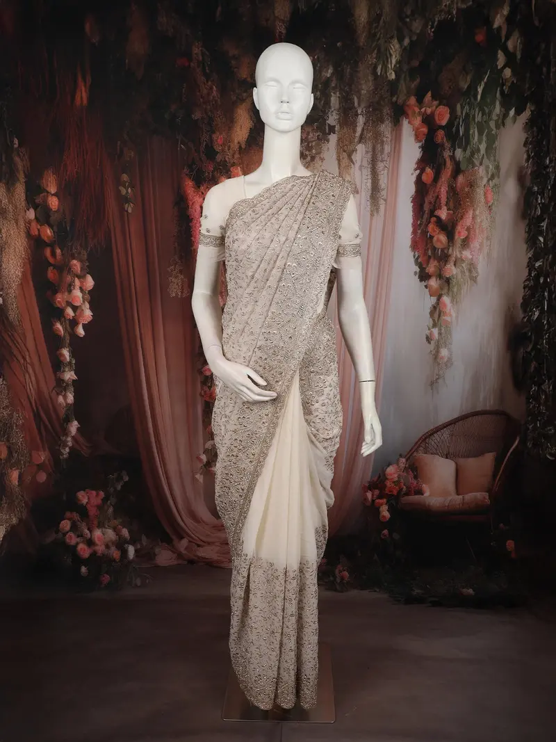 Soft Ivory Floral Vine Zari Embroidered Design Georgette Fancy Saree With Scalloped Border 1