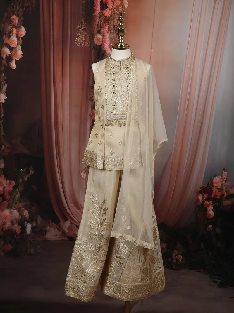 Soft Ivory Floral Zari Embroidered Design Tissue Kids Palazzo Suit With Dupatta 1