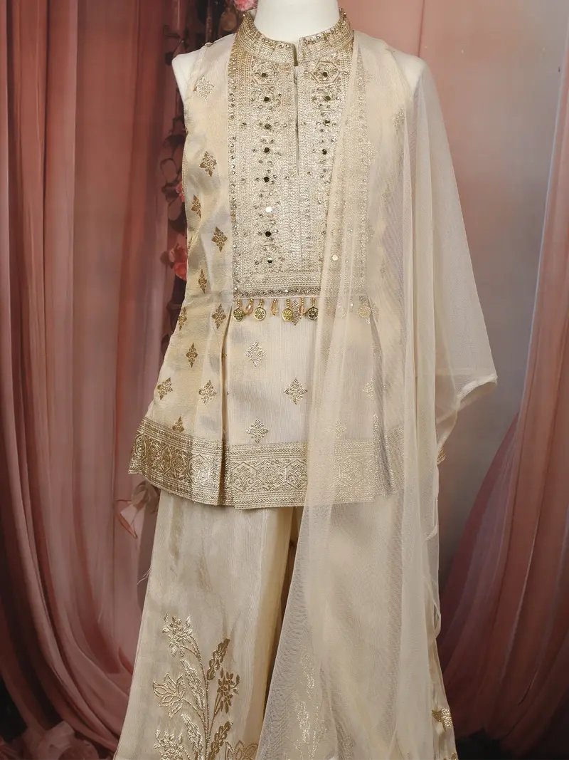 Soft Ivory Floral Zari Embroidered Design Tissue Kids Palazzo Suit With Dupatta 2