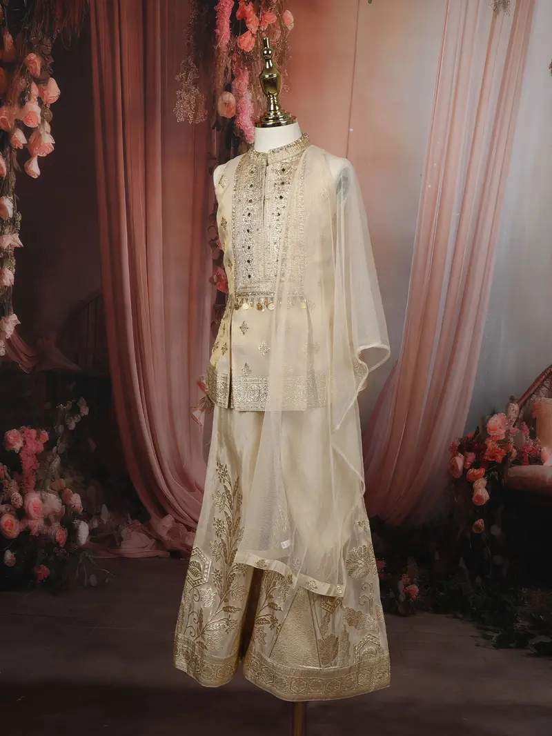 Soft Ivory Floral Zari Embroidered Design Tissue Kids Palazzo Suit With Dupatta 3