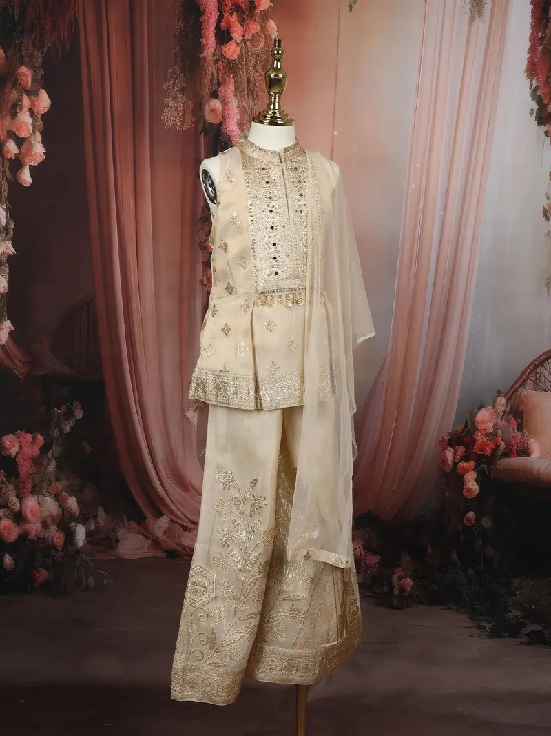Soft Ivory Floral Zari Embroidered Design Tissue Kids Palazzo Suit With Dupatta 4