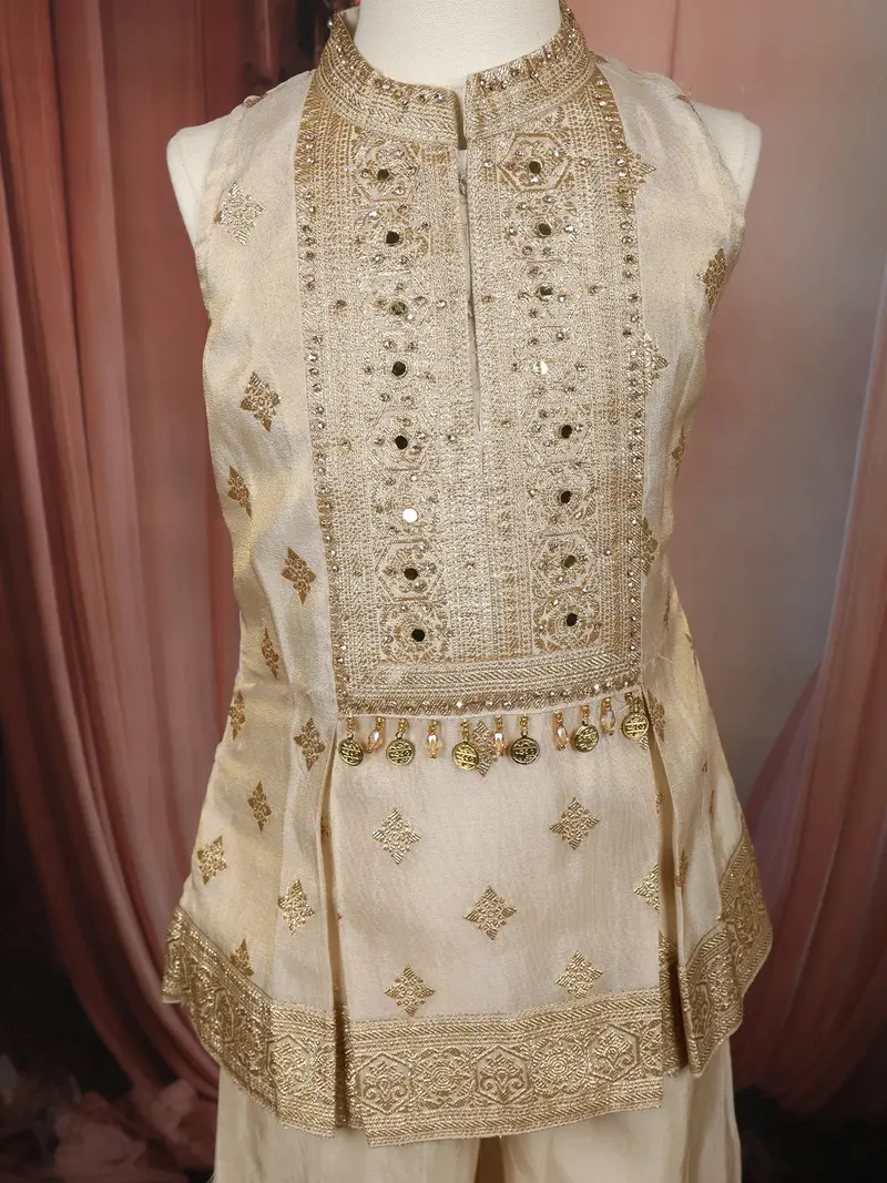 Soft Ivory Floral Zari Embroidered Design Tissue Kids Palazzo Suit With Dupatta 5