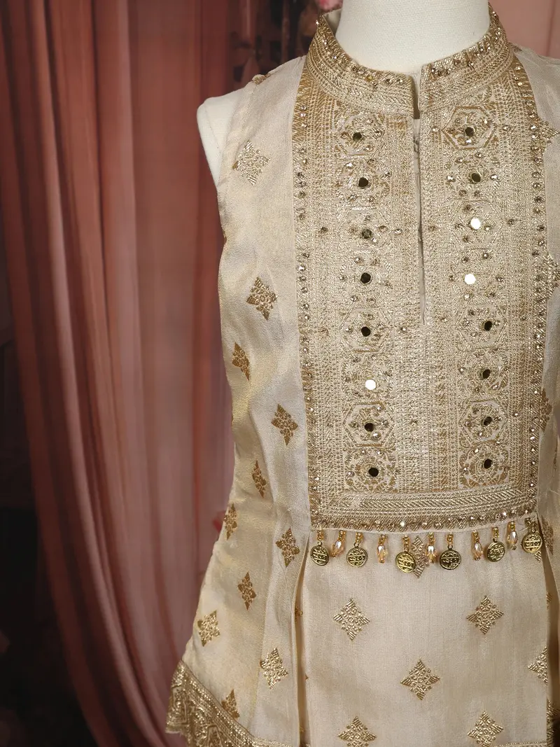 Soft Ivory Floral Zari Embroidered Design Tissue Kids Palazzo Suit With Dupatta 6