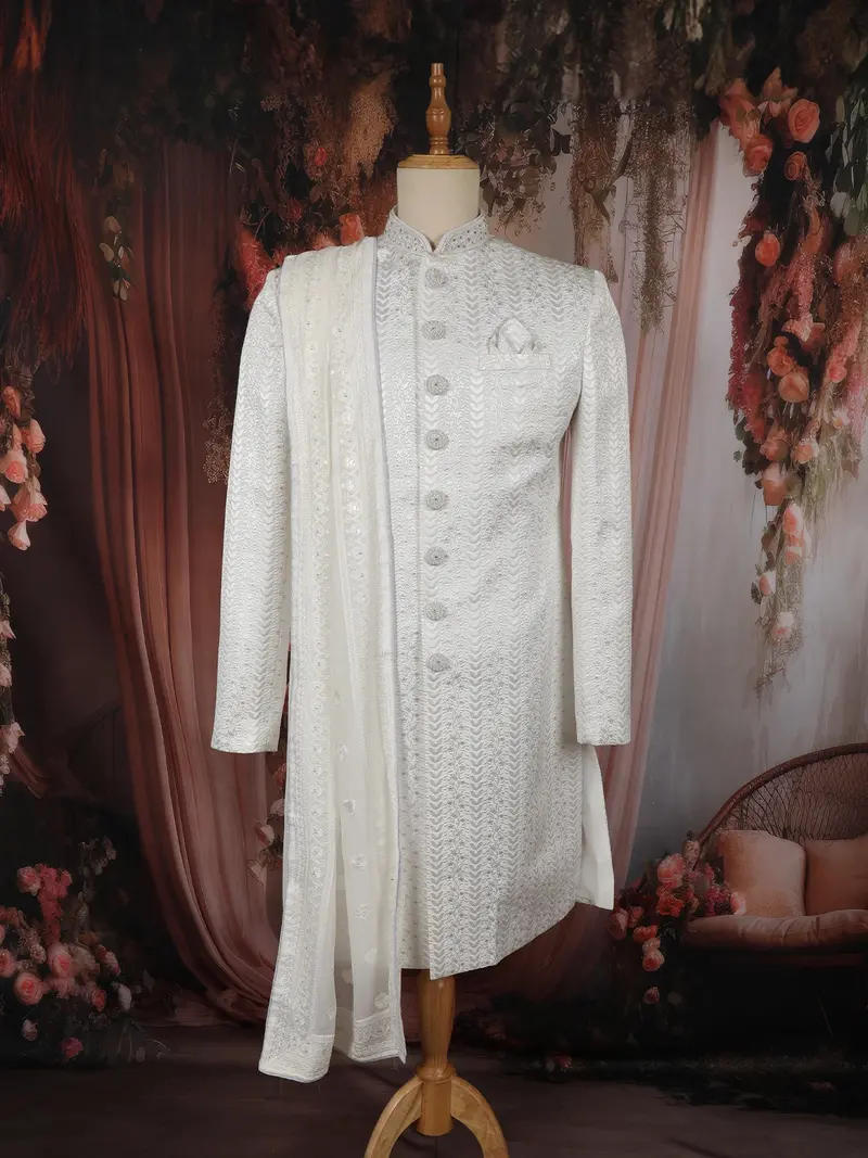 Soft Ivory Geometric Woven Design Jacquard Sherwani Suit With Dupatta 1