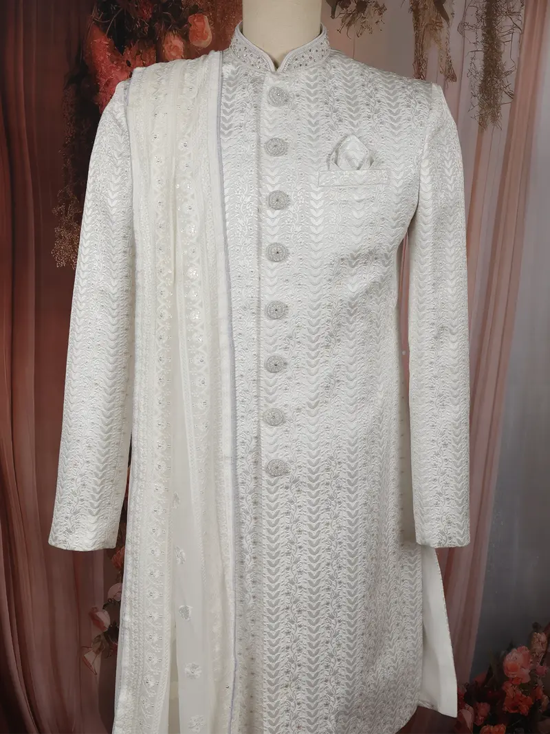 Soft Ivory Geometric Woven Design Jacquard Sherwani Suit With Dupatta 2