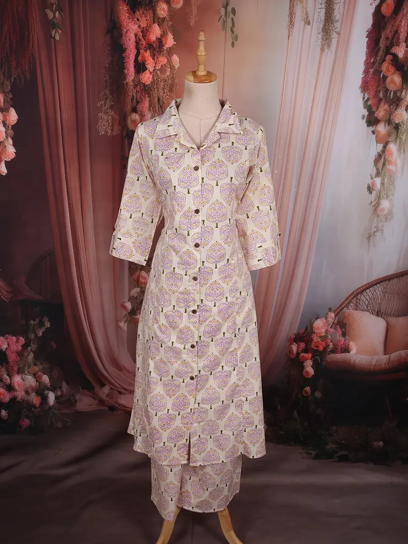 Soft Ivory Leaf Printed Design Cotton Palazzo Suit 1