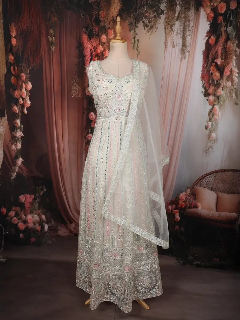 Soft Ivory Mirror And Beads Embroidered Design Net Gown With Dupatta 1