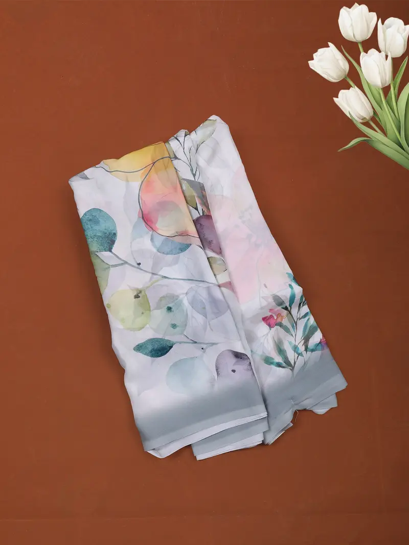 Soft Ivory Multicolour Floral Printed Chiffon Saree With Grey Ombre Border 1