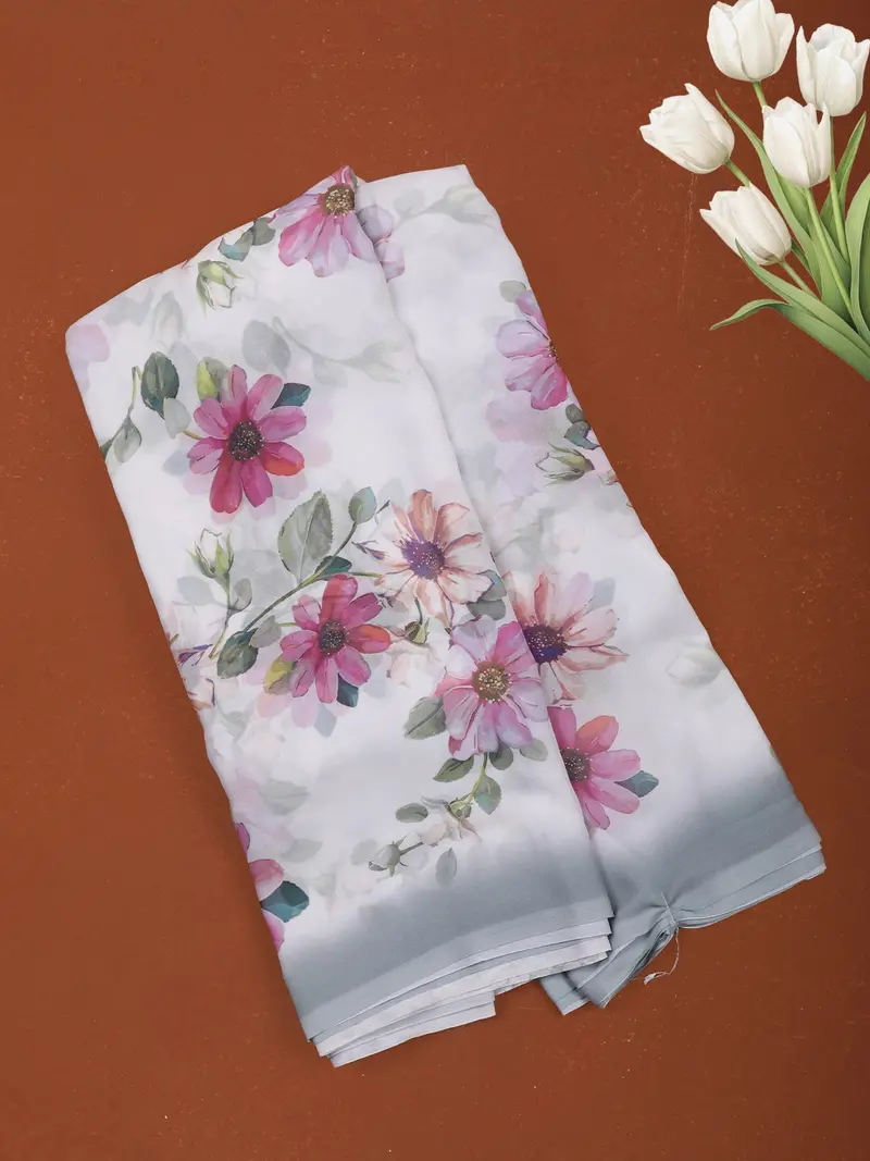 Soft Ivory Multicolour Floral Printed Chiffon Saree With Grey Ombre Border 1