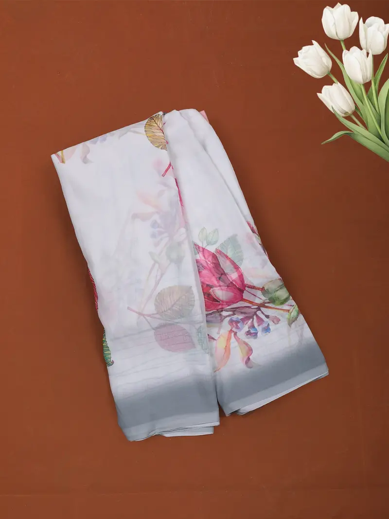 Soft Ivory Multicolour Floral Printed Chiffon Saree With Grey Ombre Border 1