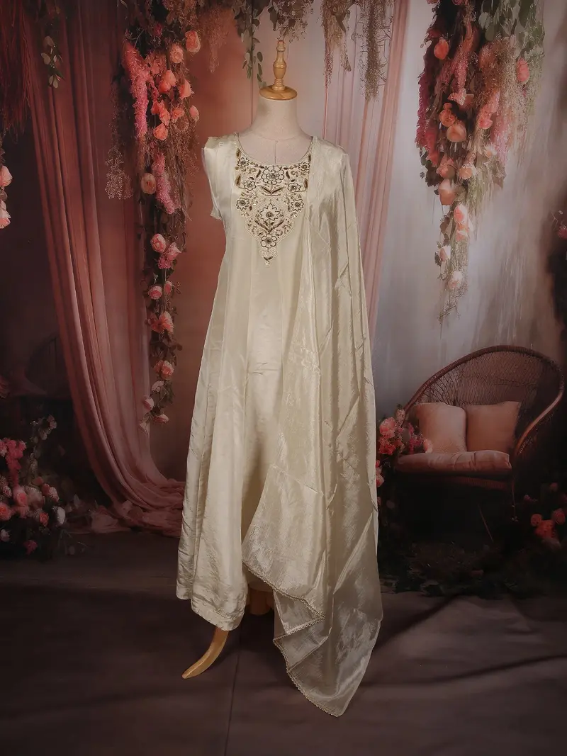 Soft Ivory Pearl Cream Floral Sequins And Beads Embroidered Design Silk Salwar Suit With Dupatta 1