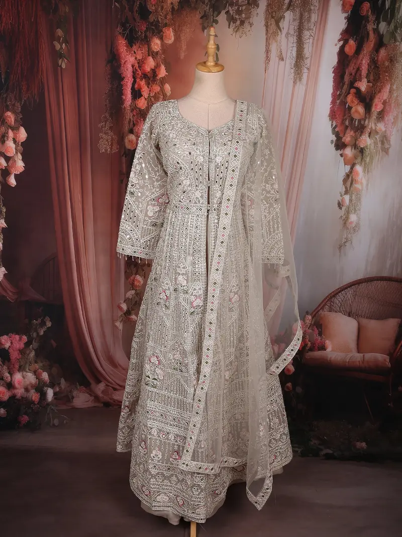 Soft Ivory Pearl White Floral Thread Embroidered Design Net Bridesmaid Gown With Dupatta 1