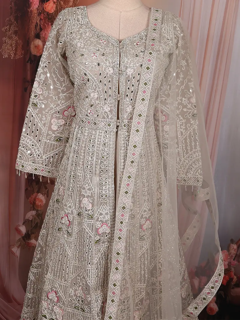 Soft Ivory Pearl White Floral Thread Embroidered Design Net Bridesmaid Gown With Dupatta 2