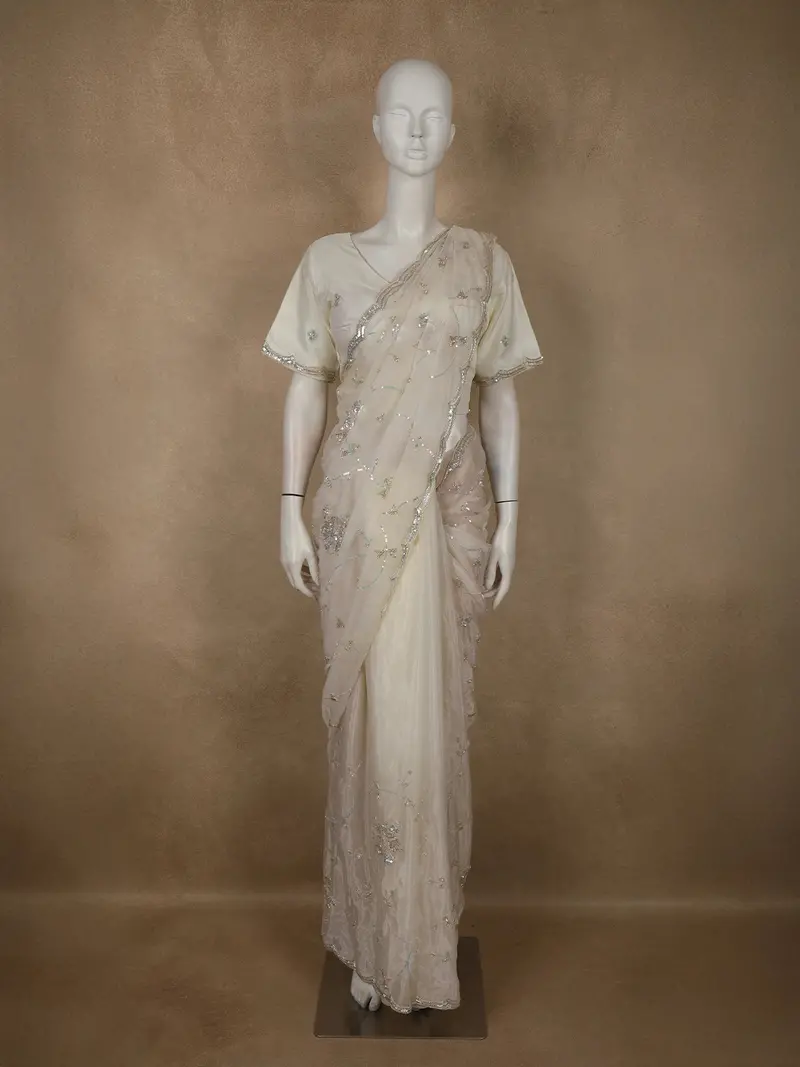 Soft Ivory Pearl White Sequins And Beads Embroidered Design Organza Designer Saree 1