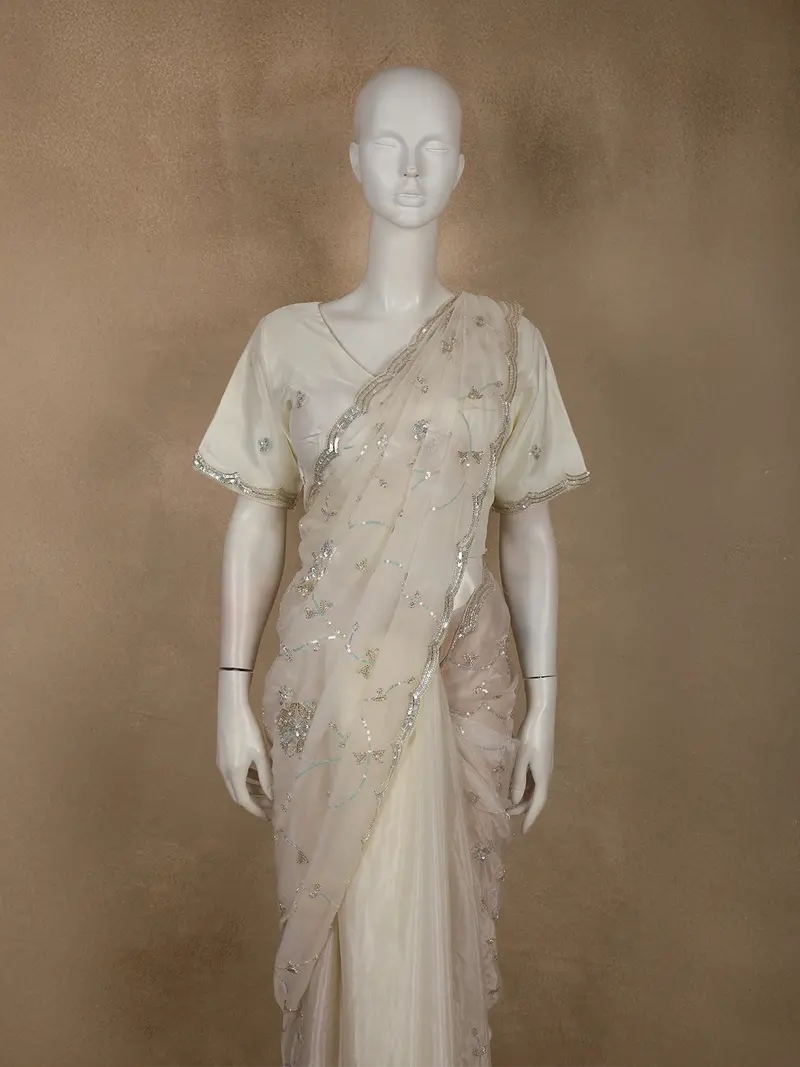 Soft Ivory Pearl White Sequins And Beads Embroidered Design Organza Designer Saree 2
