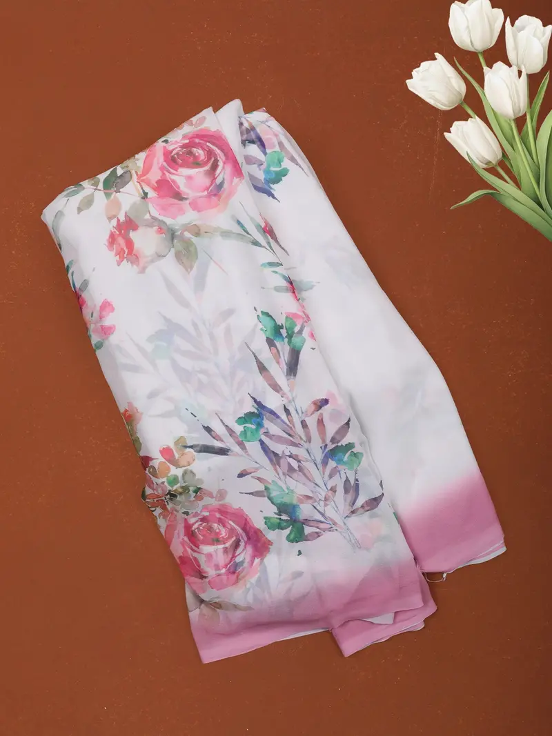Soft Ivory Pink Floral Printed Chiffon Saree With Ombre Border 1