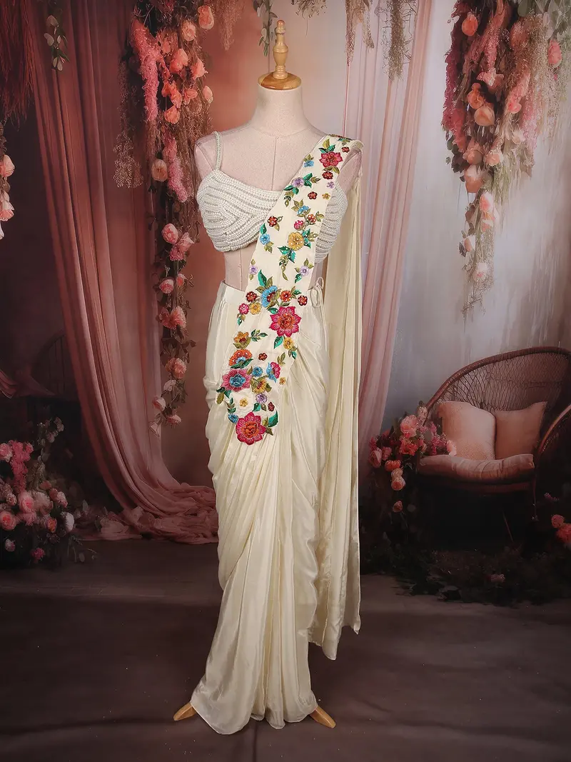 Soft Ivory Solid Design Satin Ready To Wear Draped Saree With Designer Blouse 1