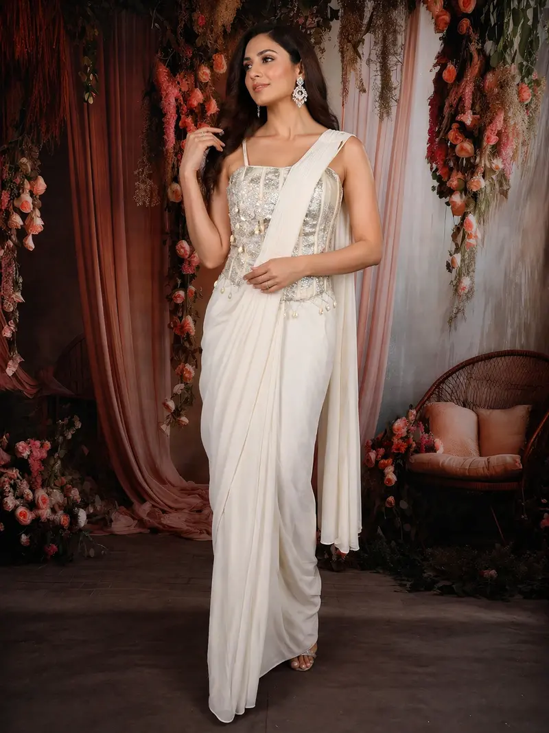 Soft Ivory Solid Design Satin Ready To Wear Draped Saree With Designer Blouse 1