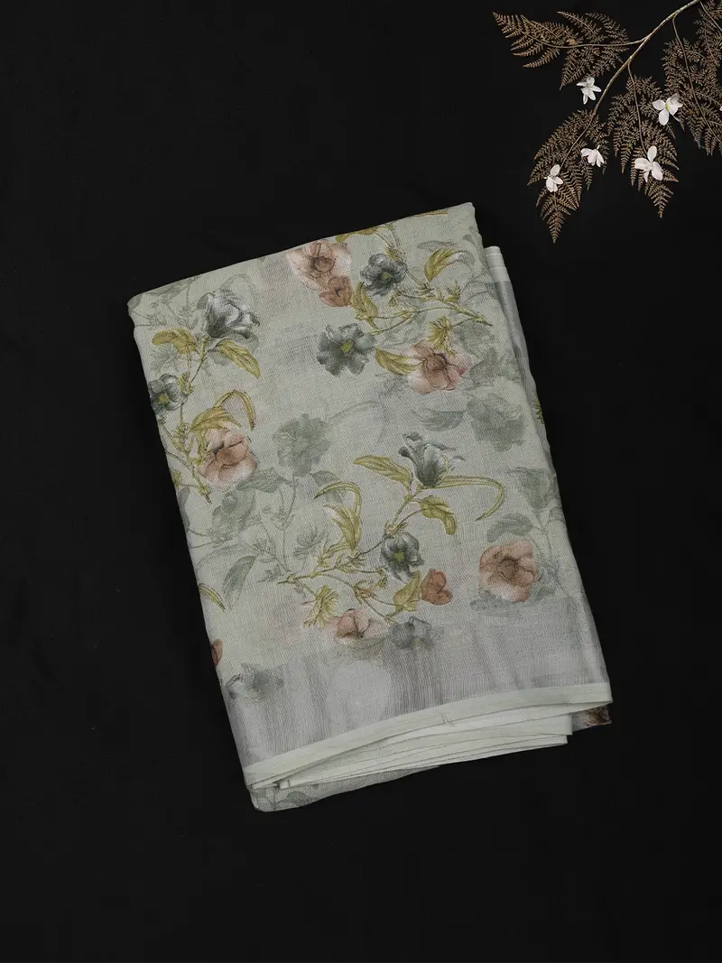 Soft Ivory White Floral Printed Design Blended Cotton Saree 1