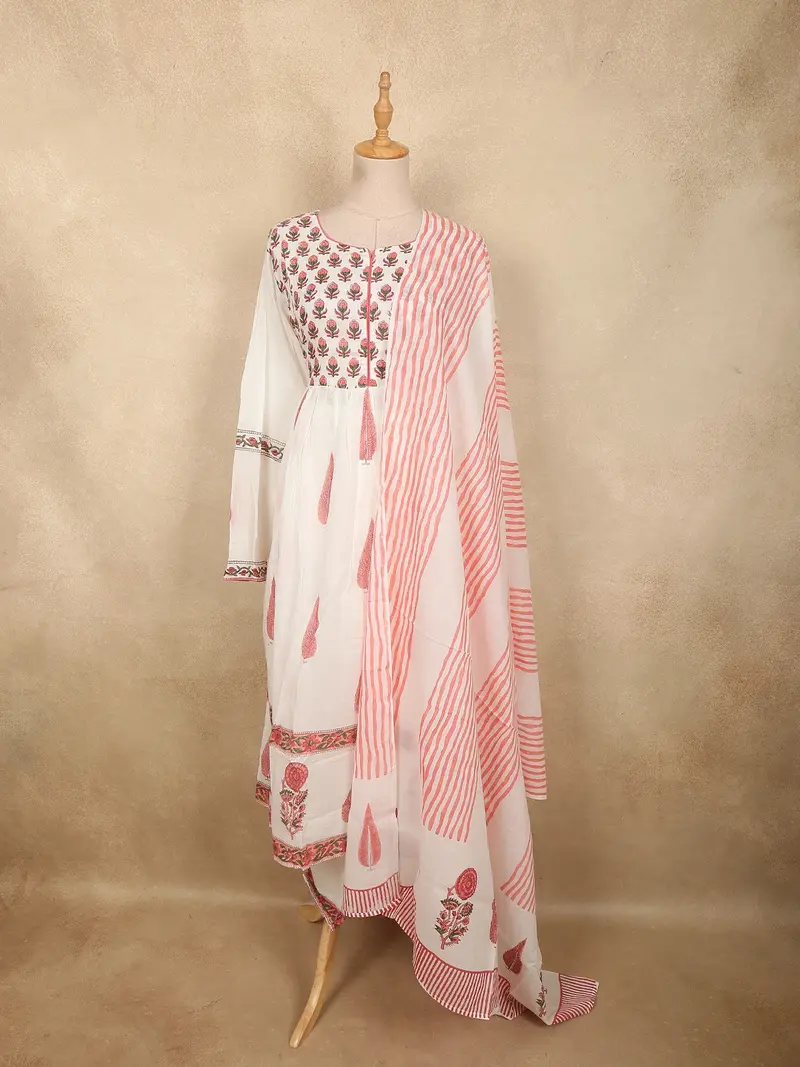 Soft Ivory White With Coral Pink Floral Printed Design Cotton Anarkali Salwar Suit With Dupatta 1