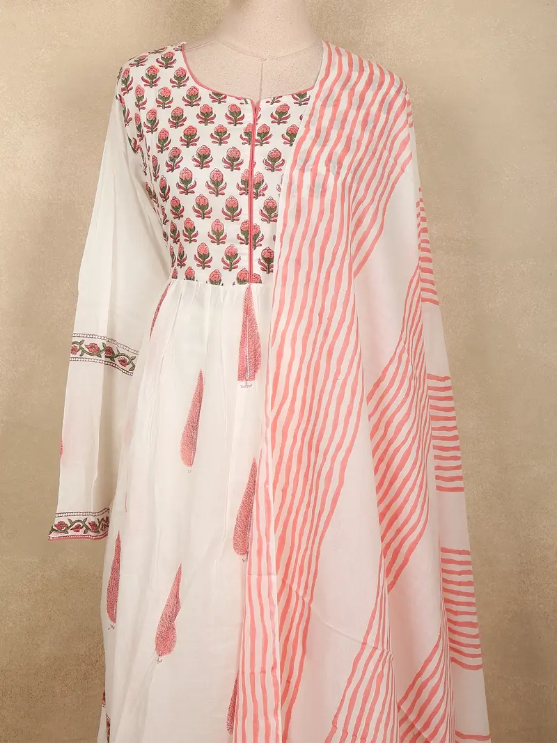 Soft Ivory White With Coral Pink Floral Printed Design Cotton Anarkali Salwar Suit With Dupatta 2