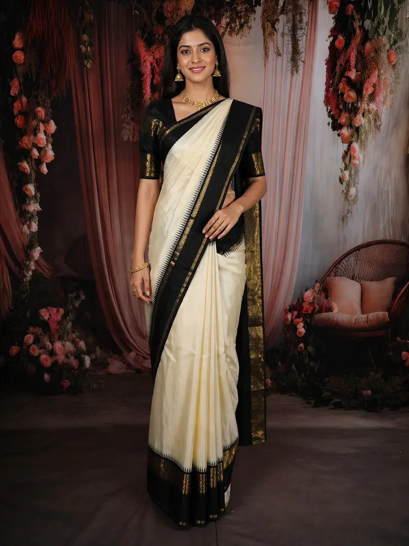Soft Ivory White Woven Design Pure Kanchipuram Silk Saree With Contrast Temple Zari Border 1