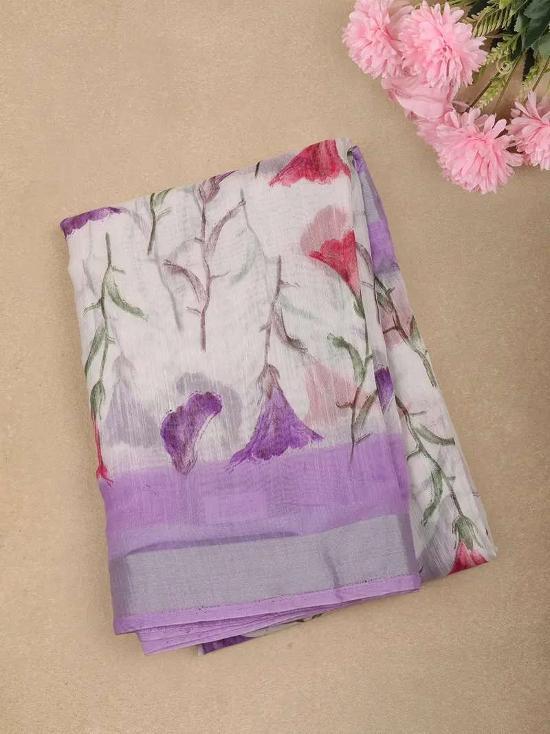 Soft Lavender Floral Printed Design Linen Cotton Casual Wear Saree 1