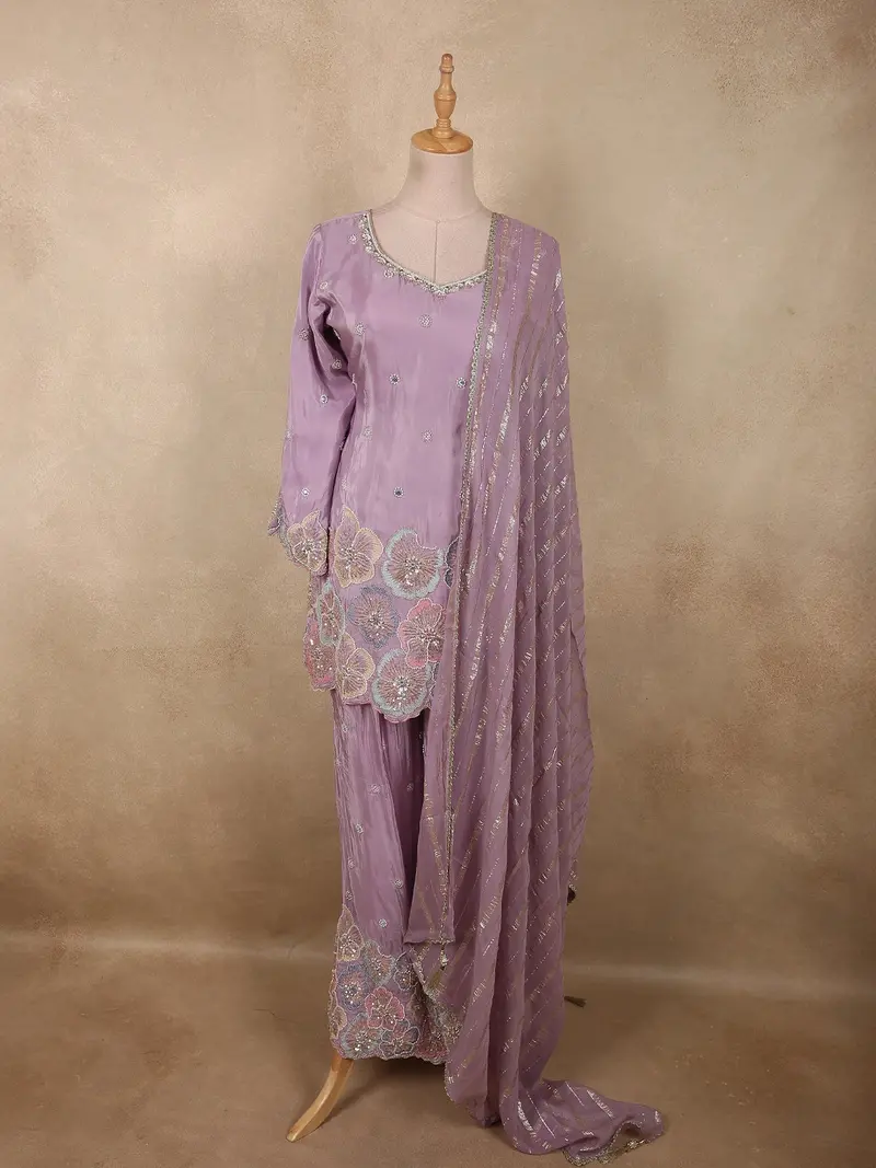 Soft Lavender Floral Sequins And Beads Embroidered Design Satin Palazzo Suit With Dupatta 1