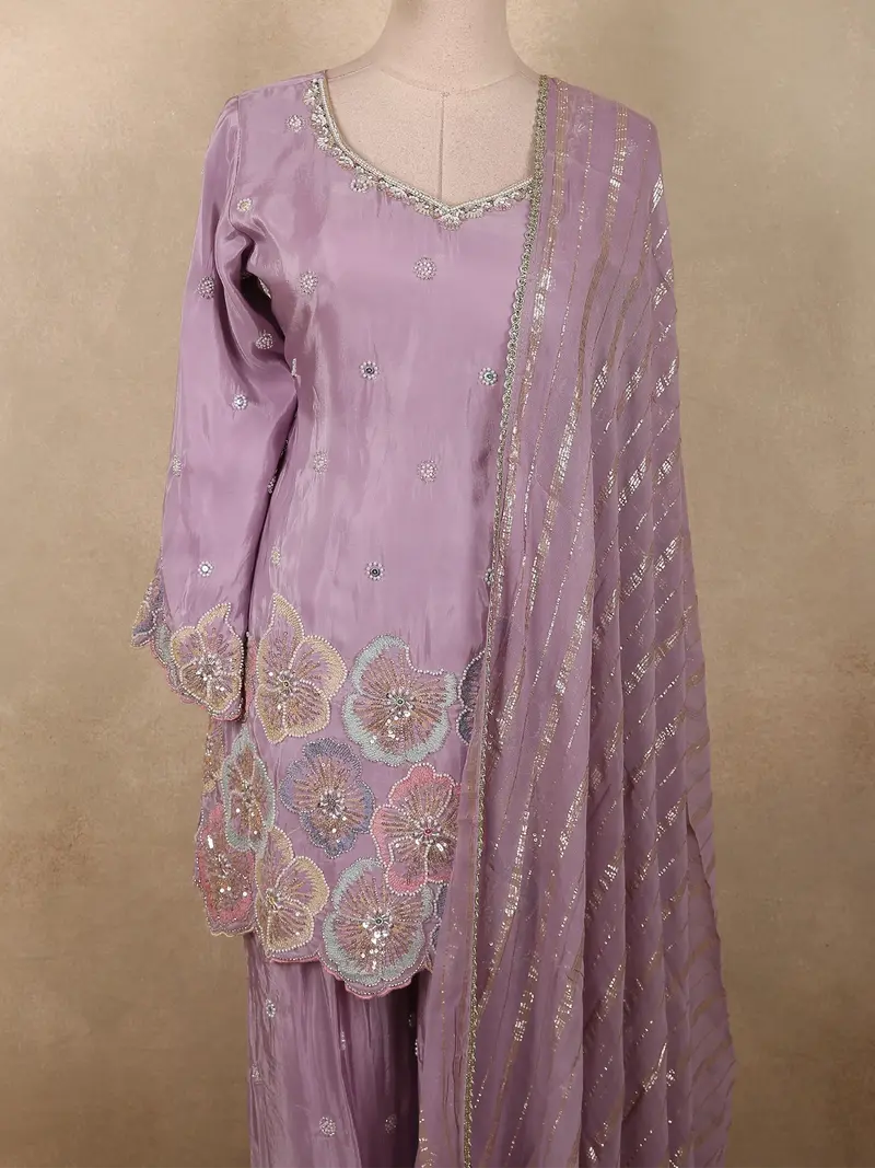 Soft Lavender Floral Sequins And Beads Embroidered Design Satin Palazzo Suit With Dupatta 2