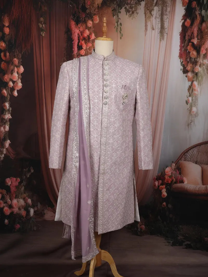 Soft Lavender Floral Vine Thread Embroidered Design Jacquard Sherwani Suit With Dupatta 1