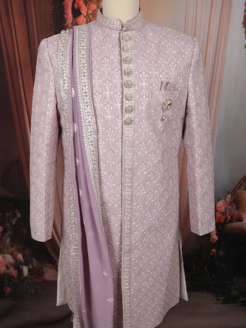 Soft Lavender Floral Vine Thread Embroidered Design Jacquard Sherwani Suit With Dupatta 2