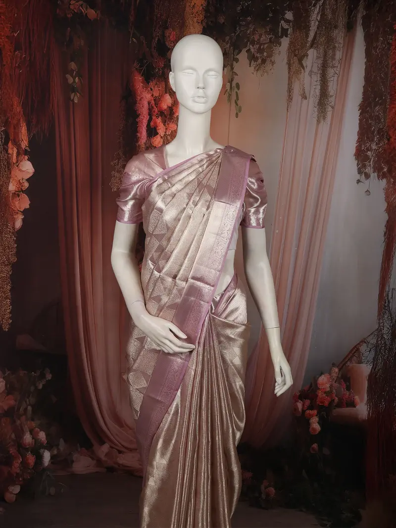 Soft Lavender Geometric Zari Woven Design Pure Kanchipuram Tissue Silk Saree With Peacock Zari Border 2