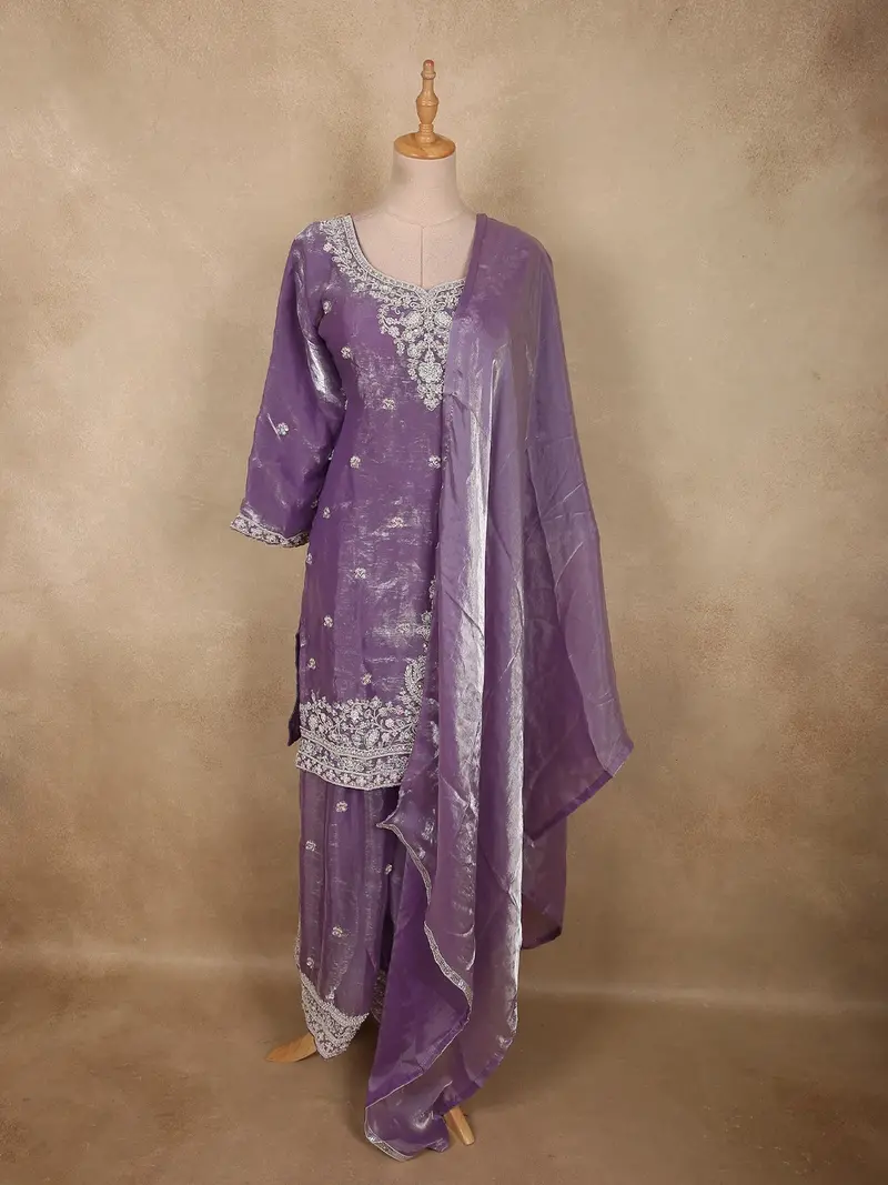Soft Lavender Lilac Floral Beads Embroidered Design Organza Palazzo Suit With Dupatta 1
