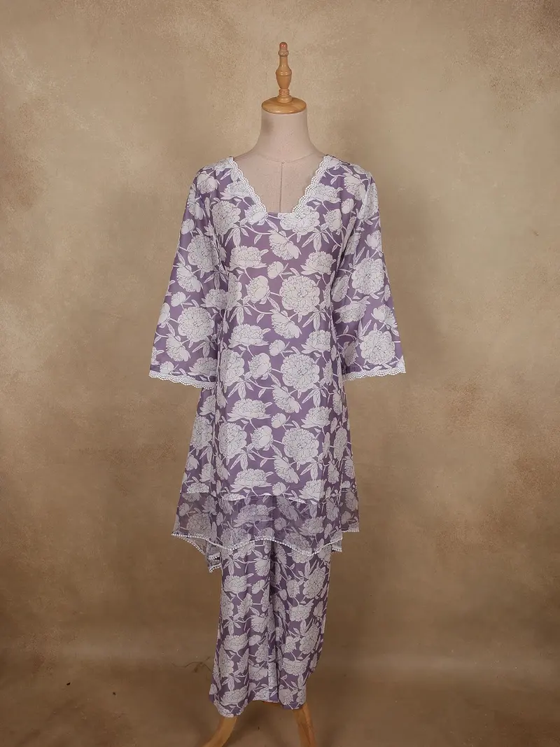 Soft Lavender Lilac Floral Printed Design Cotton Co-Ord Set 1