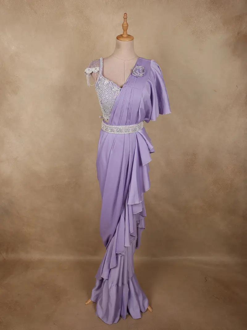 Soft Lavender Lilac Solid Design Satin Ruffled Layered Drape Ready To Wear Draped Saree With Designer Blouse 1