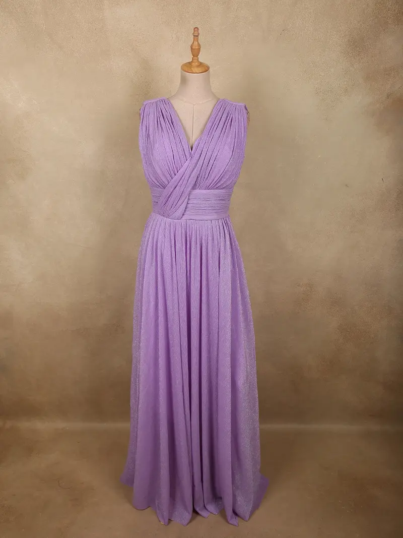 Soft Lavender Lilac Solid Design Shimmer Pleated Party Wear Gown 1