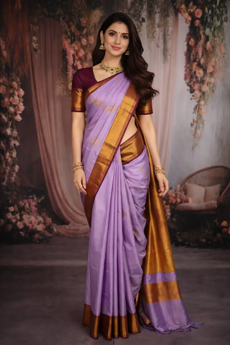 Soft Lavender Purple Floral Butta Zari Woven Design Pure Kanchipuram Silk Saree With Contrast Zari Border 1