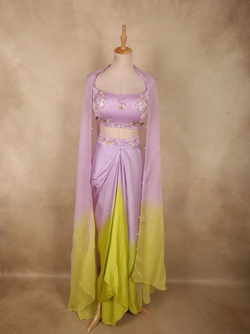 Soft Lilac Lavender And Lime Green Sequins And Beads Embroidered Design Satin Indo Western Skirt Top 1