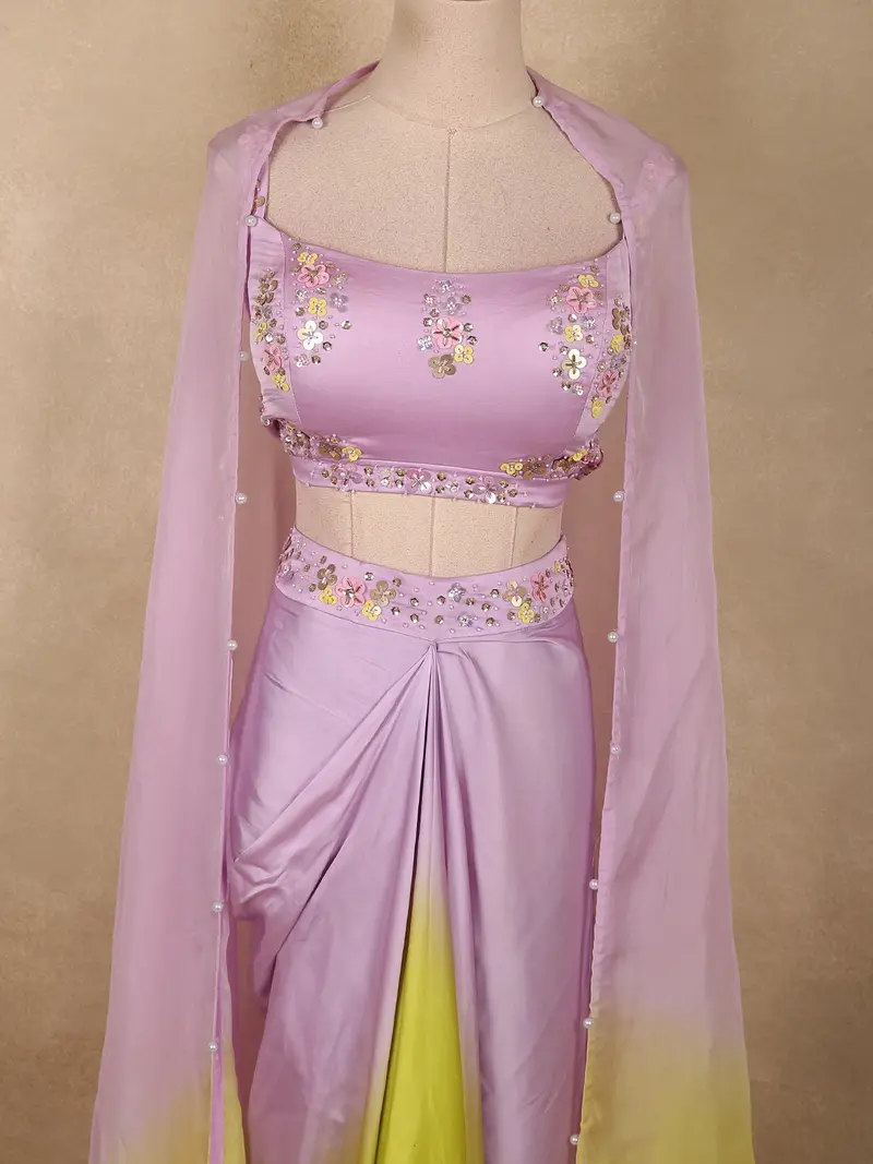 Soft Lilac Lavender And Lime Green Sequins And Beads Embroidered Design Satin Indo Western Skirt Top 2