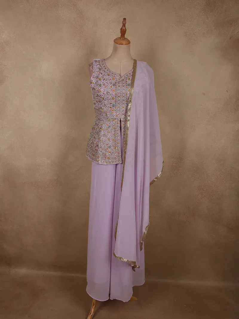 Soft Lilac Lavender Floral Sequins And Thread Embroidered Design Georgette Palazzo Suit With Dupatta 1