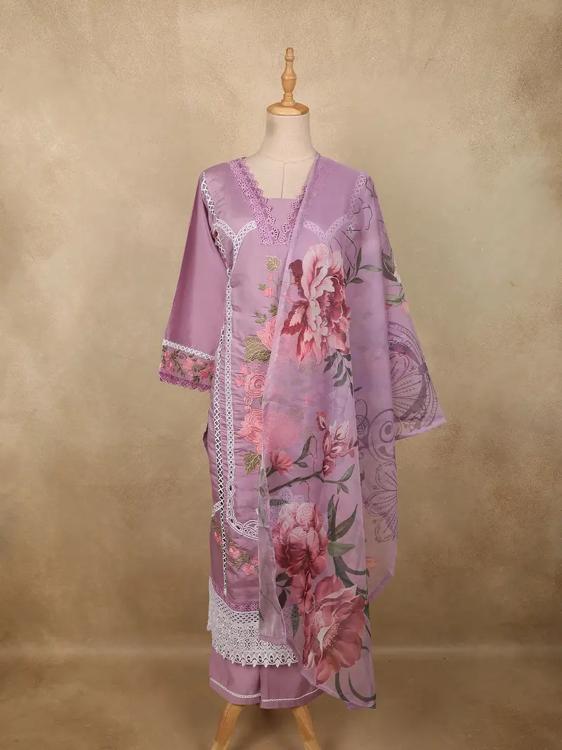 Soft Lilac Lavender Floral Thread Embroidered Design Cotton Salwar Suit With Dupatta 1