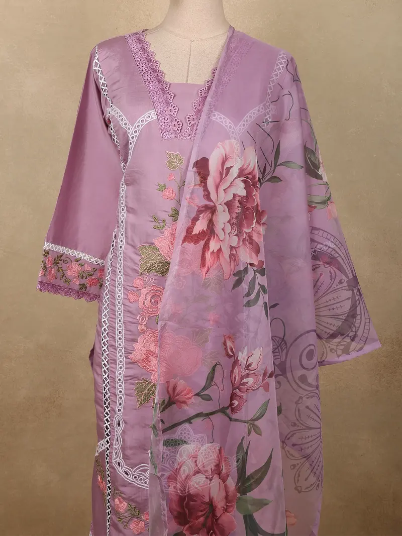 Soft Lilac Lavender Floral Thread Embroidered Design Cotton Salwar Suit With Dupatta 2
