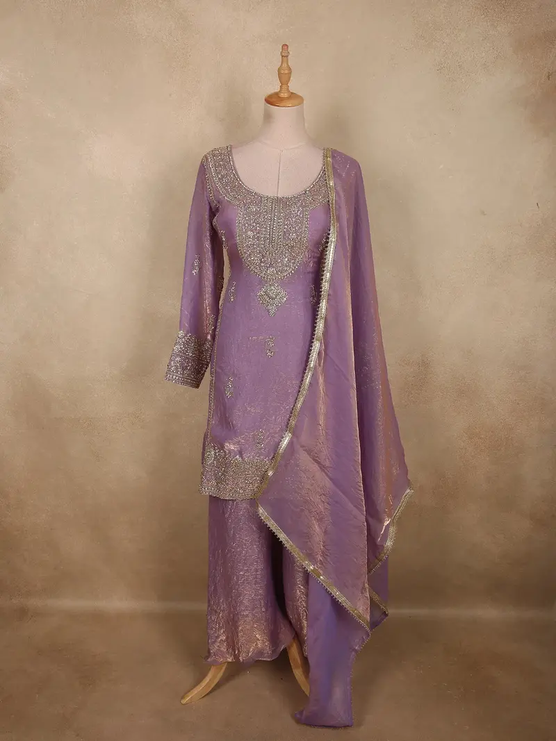 Soft Lilac Lavender Floral Zari Embroidered Design Organza Palazzo Suit 1