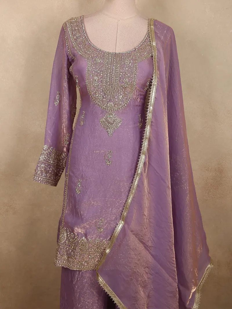Soft Lilac Lavender Floral Zari Embroidered Design Organza Palazzo Suit 2