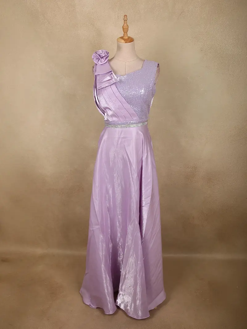 Soft Lilac Lavender Sequins Embroidered Design Satin Partywear Gown 1