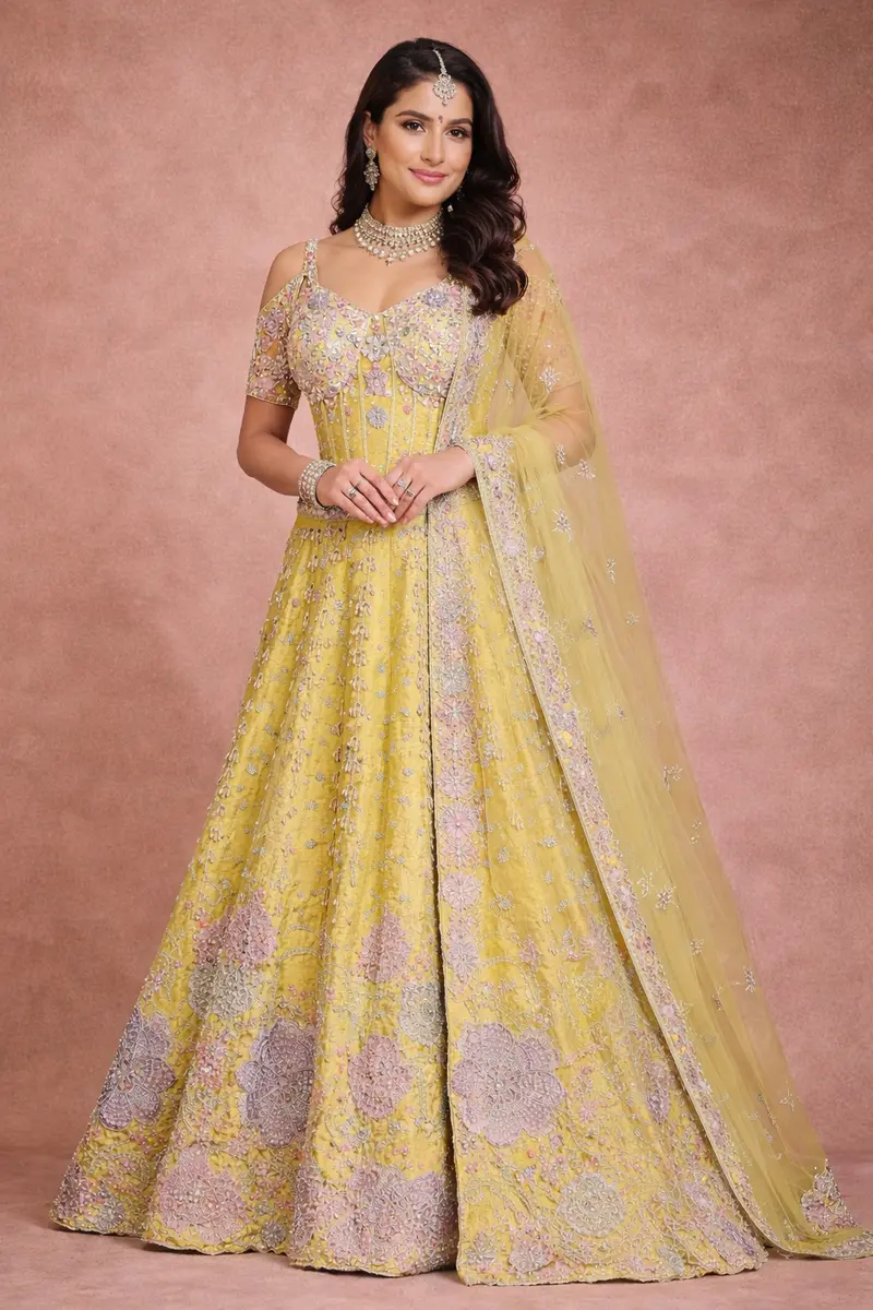 Soft Lime Yellow Heavy Sequins And Beads Embroidered Design Net Lehenga With Dupatta 1