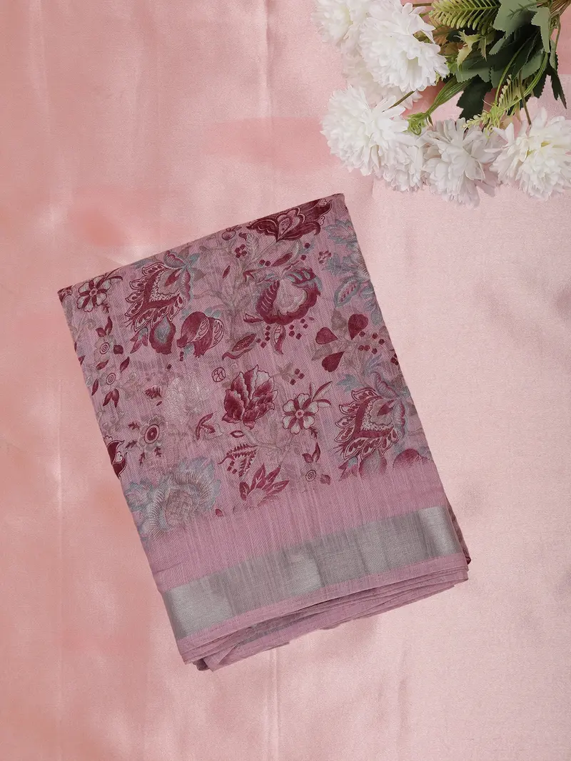 Soft Mauve Pink Floral Printed Design Mixed Cotton Saree 1