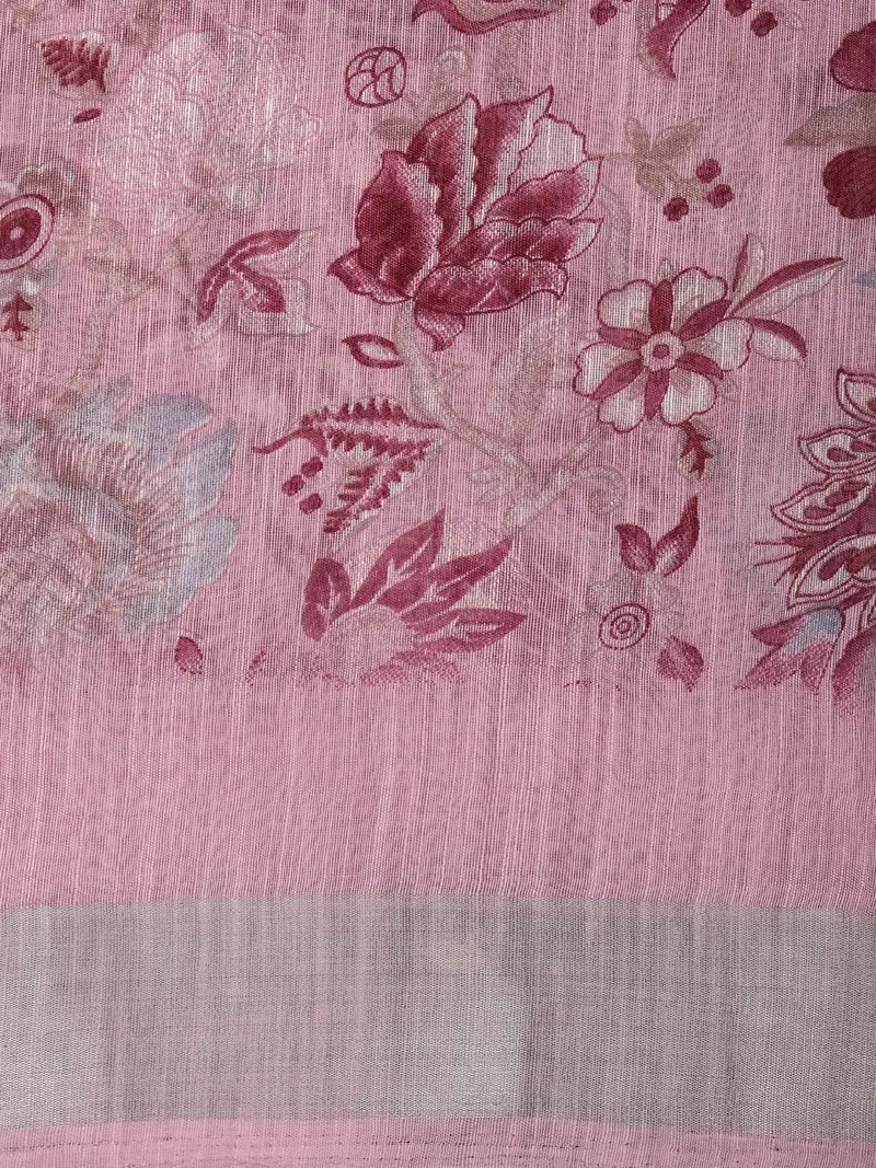 Soft Mauve Pink Floral Printed Design Mixed Cotton Saree 2