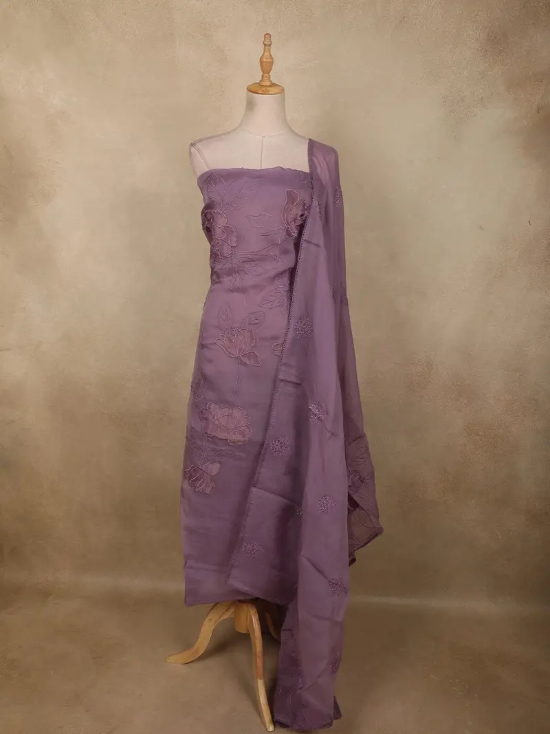 Soft Mauve Purple Floral Thread Embroidered Design Cotton Unstitched Salwar Material 1