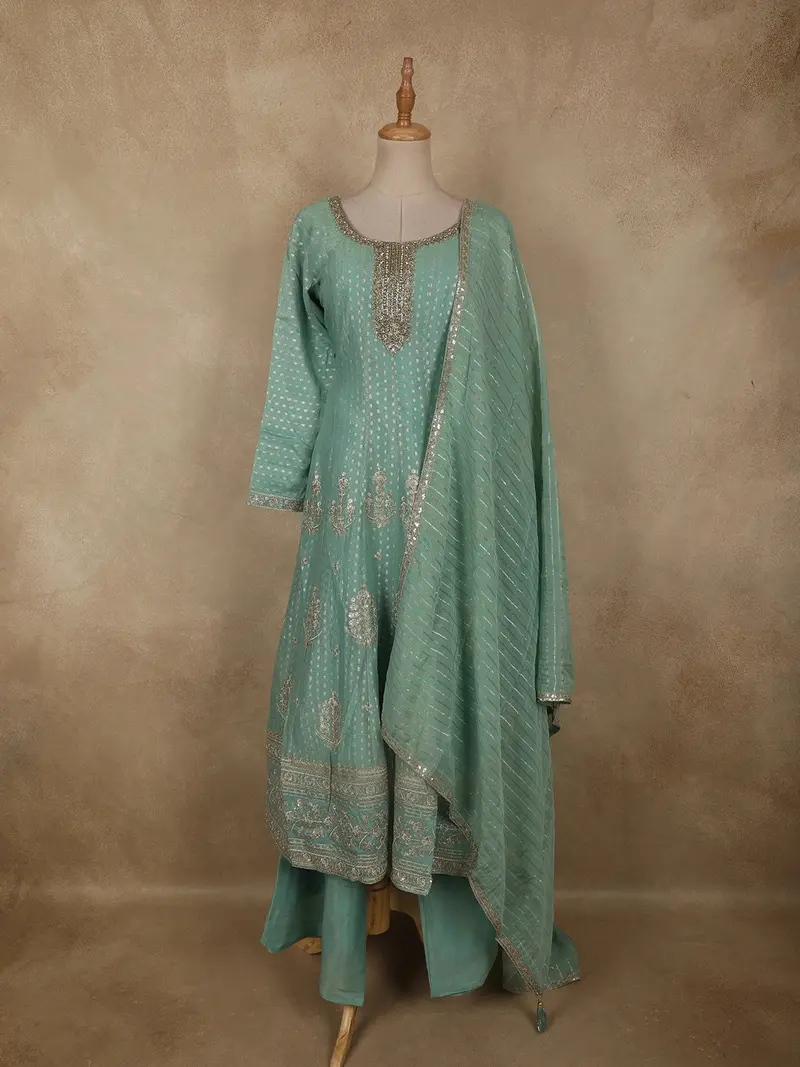 Soft Mint Aqua Green Floral Sequins Embroidered Design Tissue Banarasi Palazzo Suit With Dupatta 1